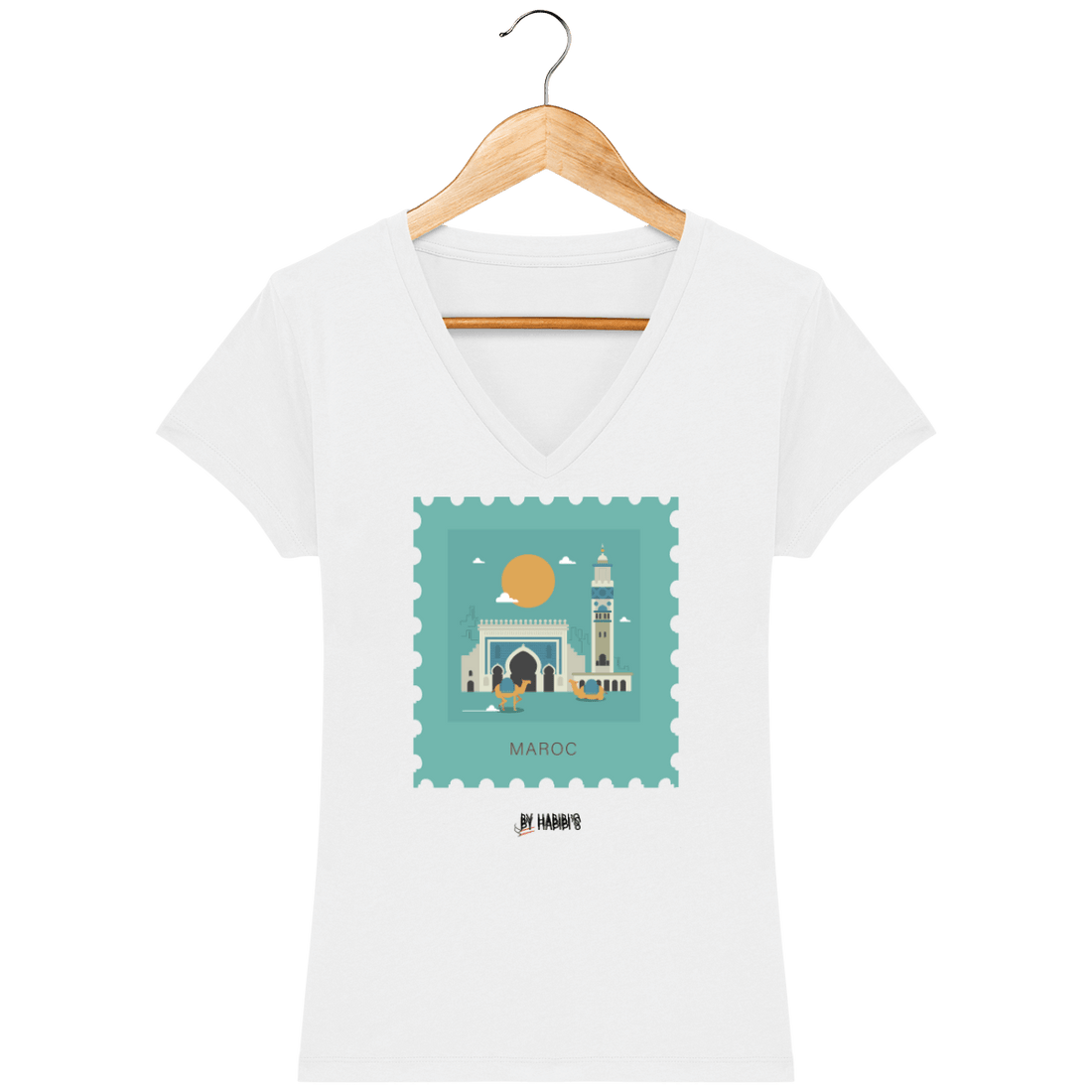 Femme>Tee-shirts - T-Shirt Femme Col V <br> Timbre Maroc